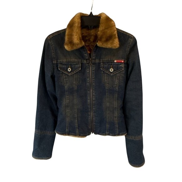 Guess Y2K Women's Denim Jacket Faux Fur Collar Sherpa Lined Vintage Size Small